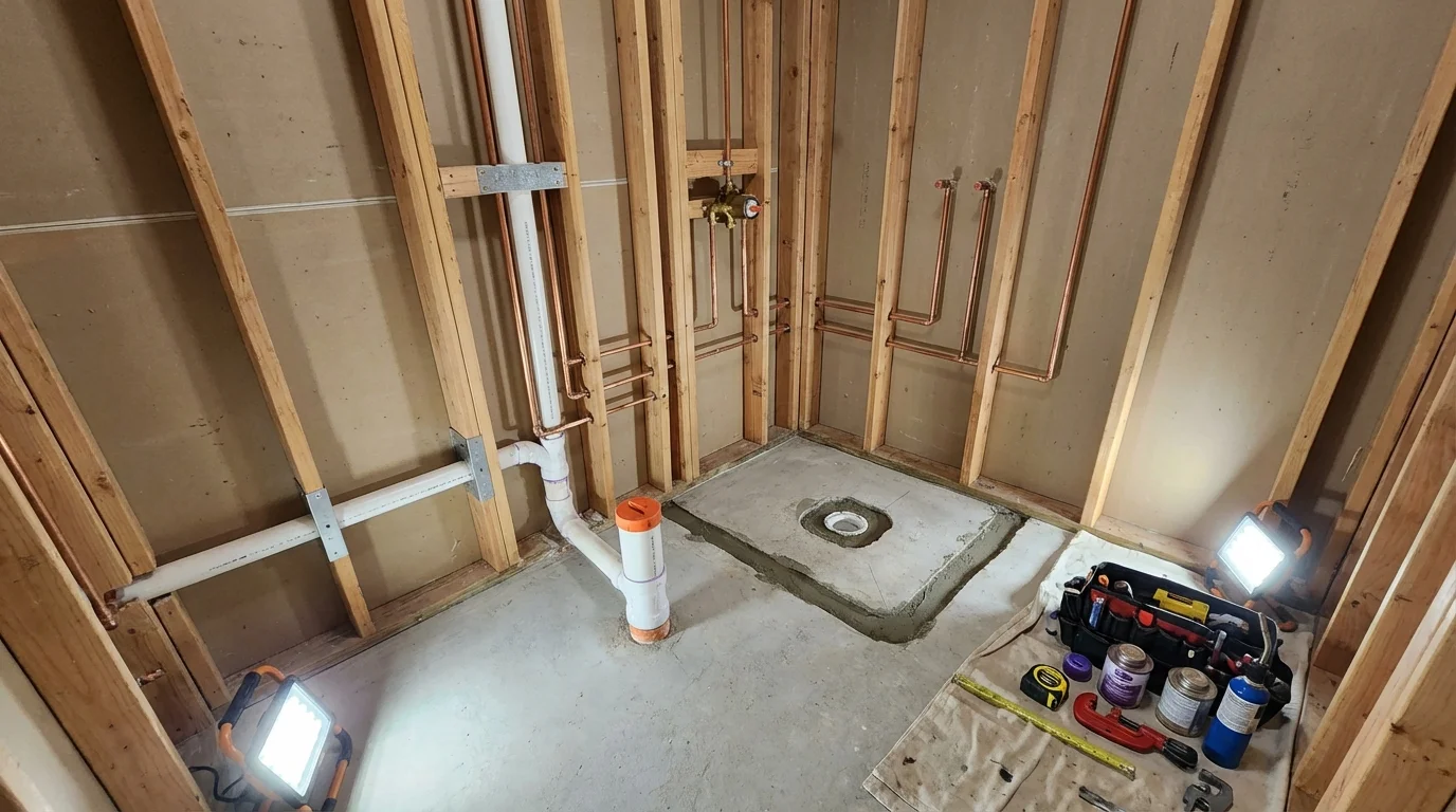 Bathroom rough-in plumbing during remodel by Johns Plumbing LLC in Mohawk