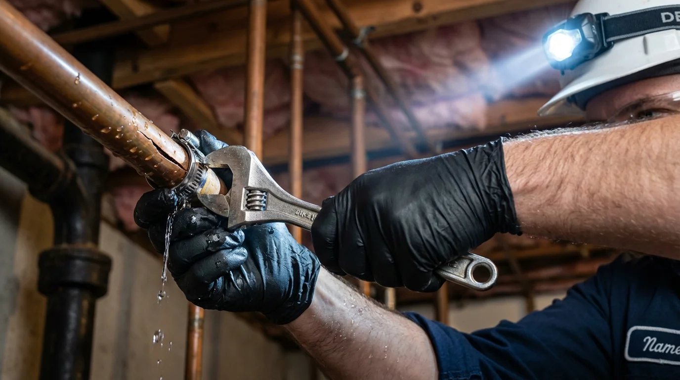 Emergency pipe clamp repair being performed by a Johns Plumbing LLC plumber in Mohawk
