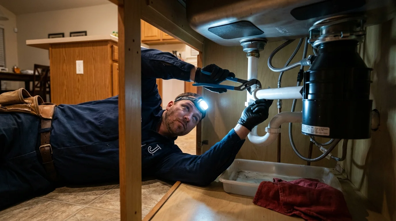 P-trap and supply line connections under a kitchen sink showing a common leak point in Mohawk, NY